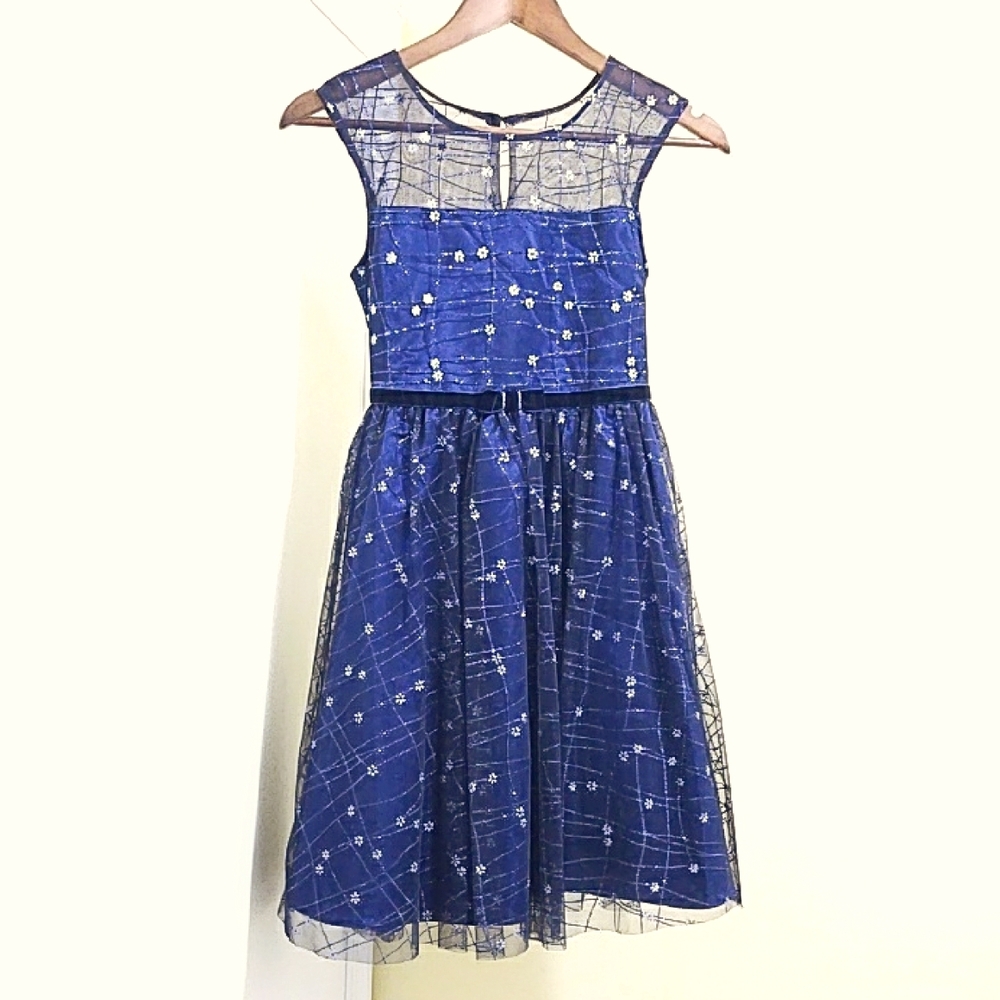 Royal Blue Sleeveless Girls Dress w/ Silver Glitter - Size 12